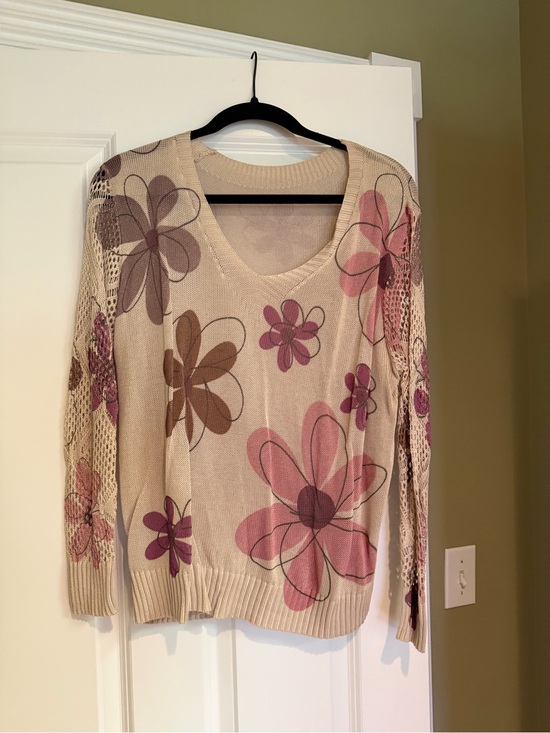 ME Makeover Essentials Sweaters - ME Makeover Essentials Beige V-Neck Sweater with Pink & Brown Floral Print